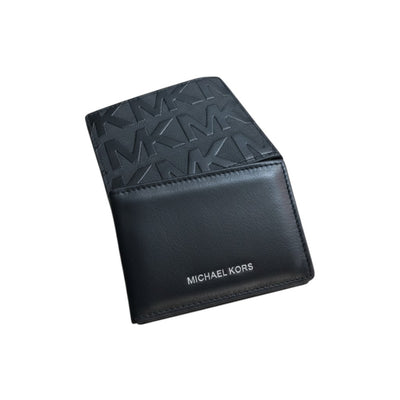 MASTERPIECE Michael Kors black leather bifold wallet with MK monogram pattern and embossed logo.