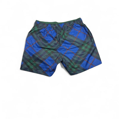 MASTERPIECE blue, green, and red plaid swim shorts with elastic waistband and drawstring.