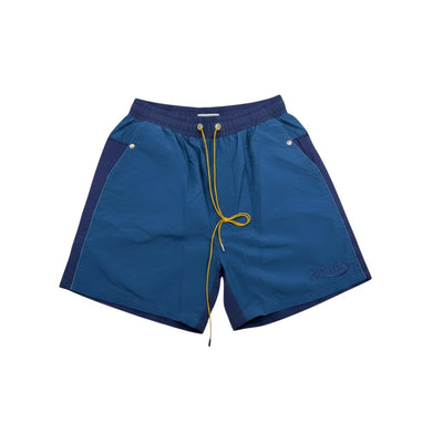 MASTERPIECE Rhude blue panel swim shorts with yellow drawstring and embroidered logo. Lightweight, quick-drying fabric with mesh lining.