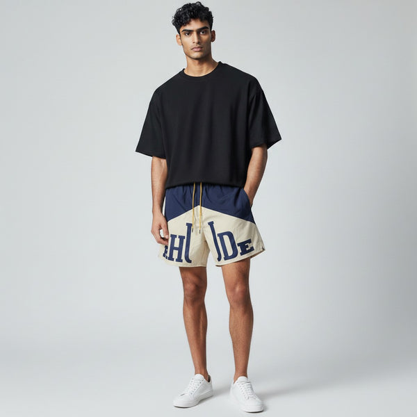 Rhude Panel Logo Swim Shorts – Navy & Cream