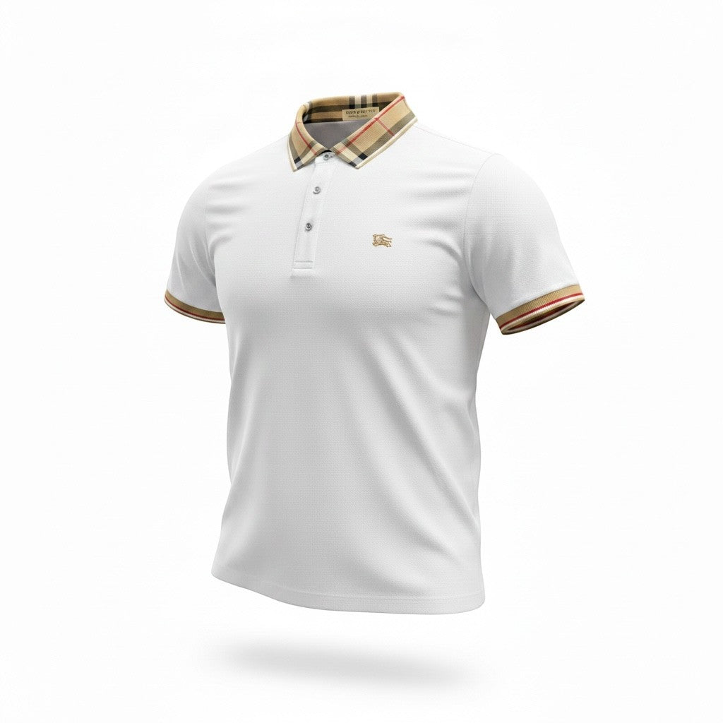 MASTERPIECE white pique knit polo shirt with iconic Burberry check collar and sleeve trim, embroidered logo.