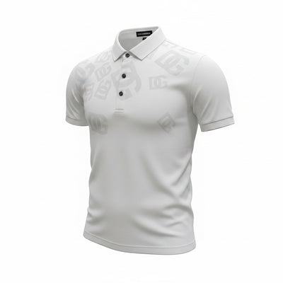 MASTERPIECE white short-sleeve polo shirt with all-over subtle DG monogram print and black button placket.