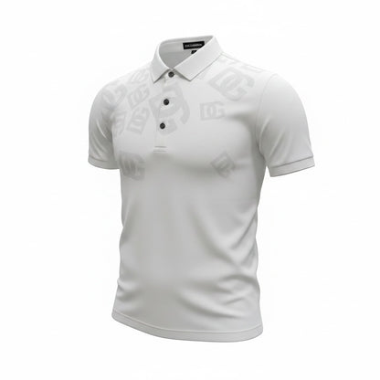 MASTERPIECE white short-sleeve polo shirt with all-over subtle DG monogram print and black button placket.