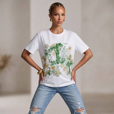 🤍 Max Mara White Botanical Graphic T-Shirt – Green & Gold Floral Tee 🌿✨ - MASTERPIECE