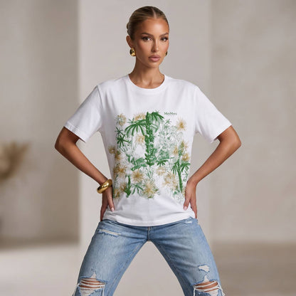 🤍 Max Mara White Botanical Graphic T-Shirt – Green & Gold Floral Tee 🌿✨ - MASTERPIECE