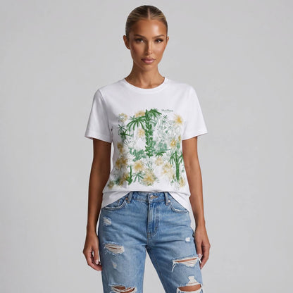 🤍 Max Mara White Botanical Graphic T-Shirt – Green & Gold Floral Tee 🌿✨ - MASTERPIECE