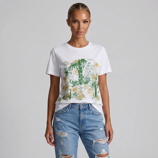 🤍 Max Mara White Botanical Graphic T-Shirt – Green & Gold Floral Tee 🌿✨