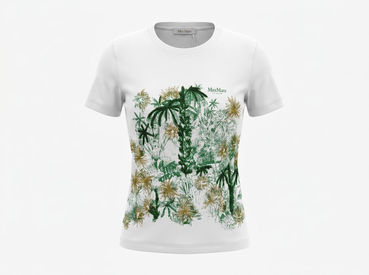 🤍 Max Mara White Botanical Graphic T-Shirt – Green & Gold Floral Tee 🌿✨ - MASTERPIECE