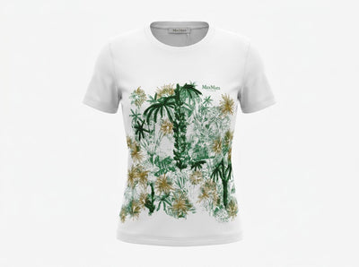 🤍 Max Mara White Botanical Graphic T-Shirt – Green & Gold Floral Tee 🌿✨ - MASTERPIECE
