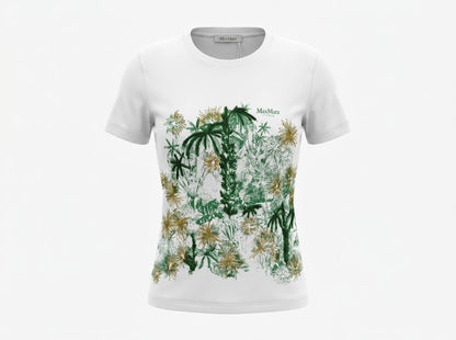 🤍 Max Mara White Botanical Graphic T-Shirt – Green & Gold Floral Tee 🌿✨ - MASTERPIECE