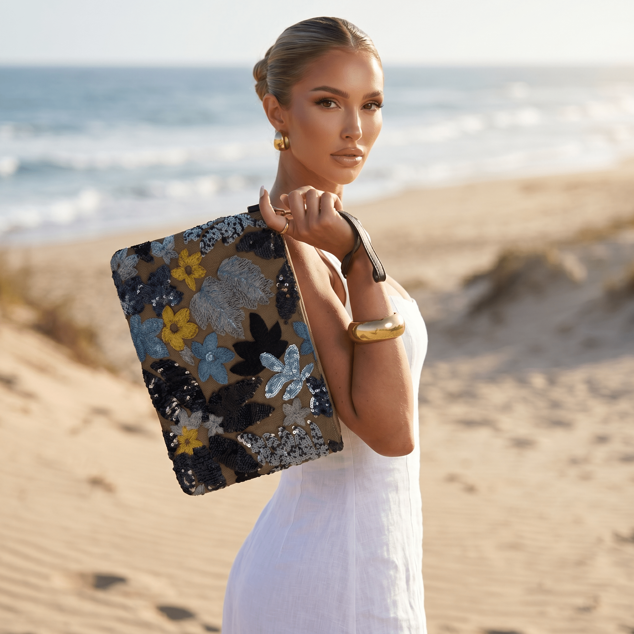 Midnight Floral Sequin Shoulder Tote 🖤🌼✨ - MASTERPIECE