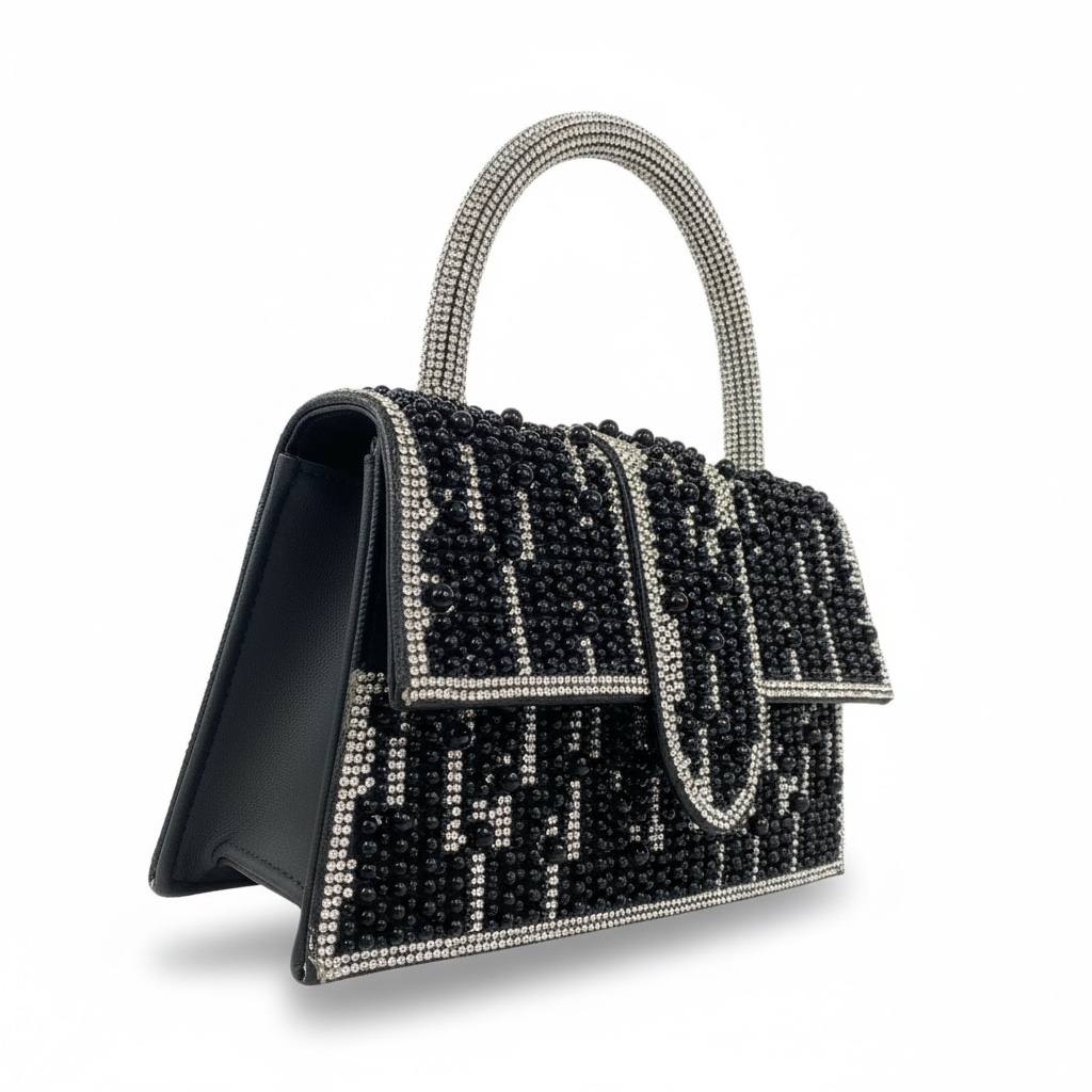 Midnight Pearl Monogram Handbag ✨🖤 | Black & Silver Statement Top Handle Bag - MASTERPIECE