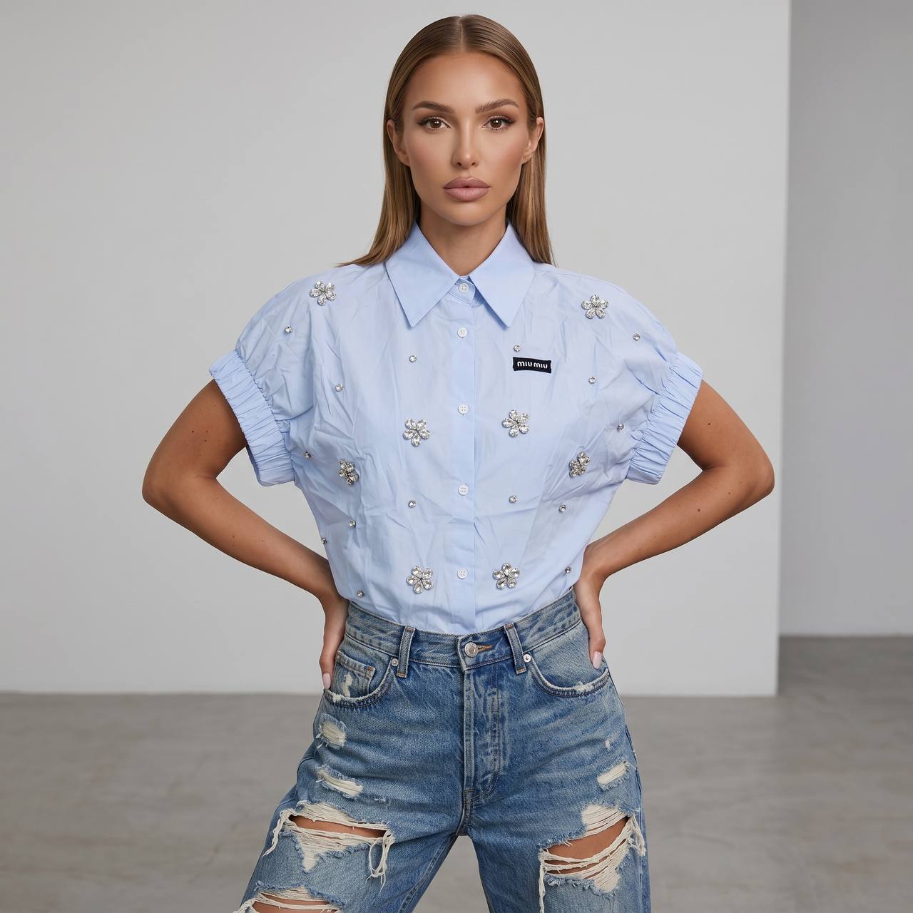 Miu Miu Baby Blue Crystal Flower Embellished Shirt 🩵✨ - MASTERPIECE