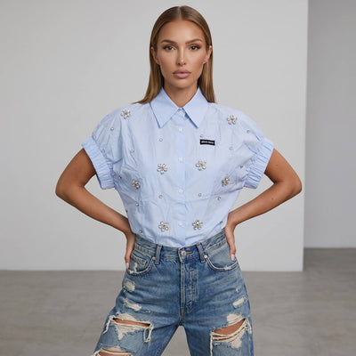Miu Miu Baby Blue Crystal Flower Embellished Shirt 🩵✨ - MASTERPIECE