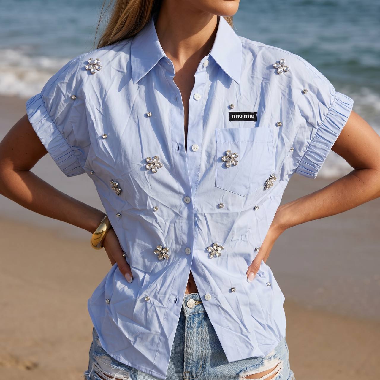 Miu Miu Baby Blue Crystal Flower Embellished Shirt 🩵✨ - MASTERPIECE