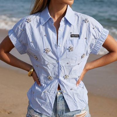 Miu Miu Baby Blue Crystal Flower Embellished Shirt 🩵✨ - MASTERPIECE