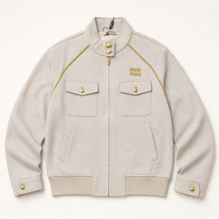 Miu Miu Gold Trim Bomber Jacket — Sand Beige