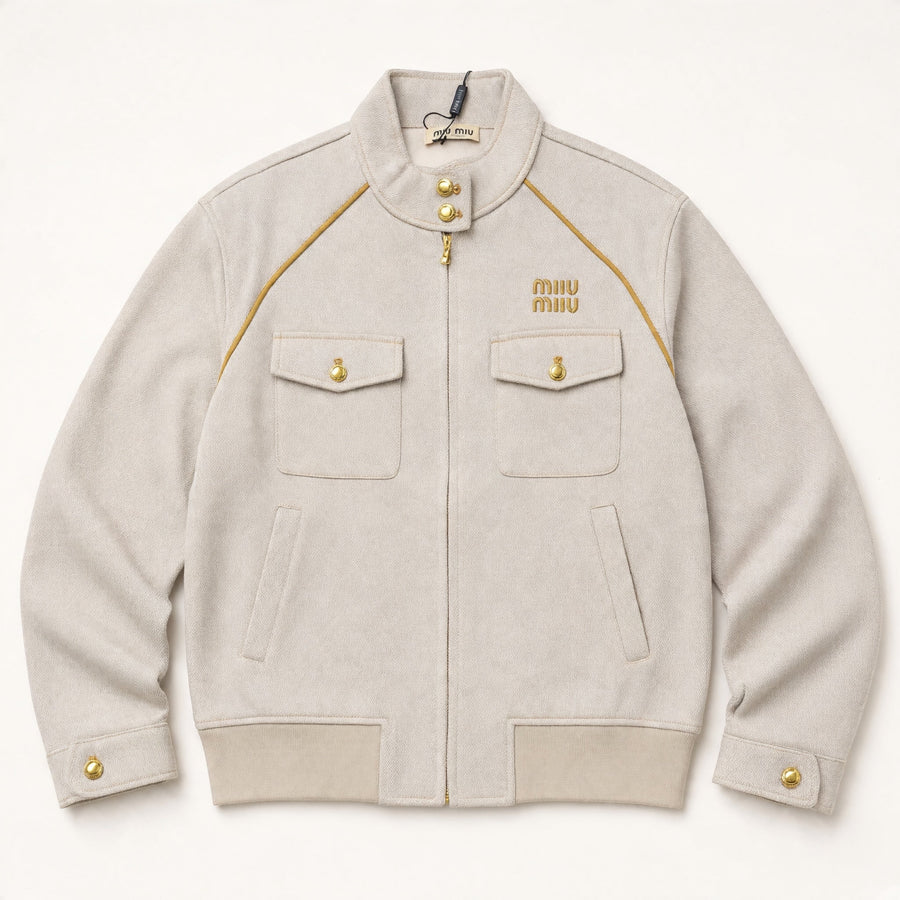 Miu Miu Bomber Jacket – Sand Beige Gold Trim