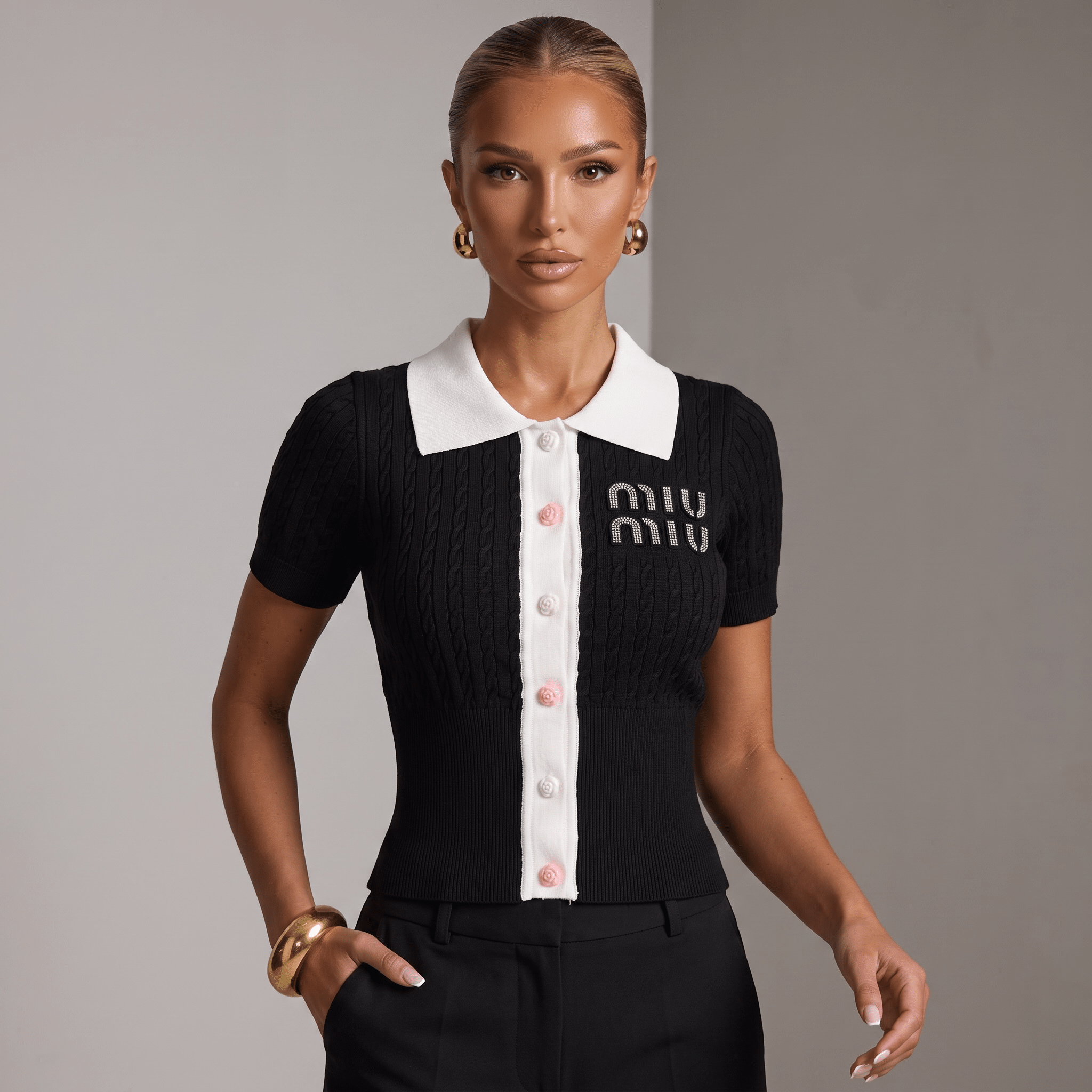 🖤 Miu Miu Cable Knit Contrast Collar Polo Top (one size) - MASTERPIECE
