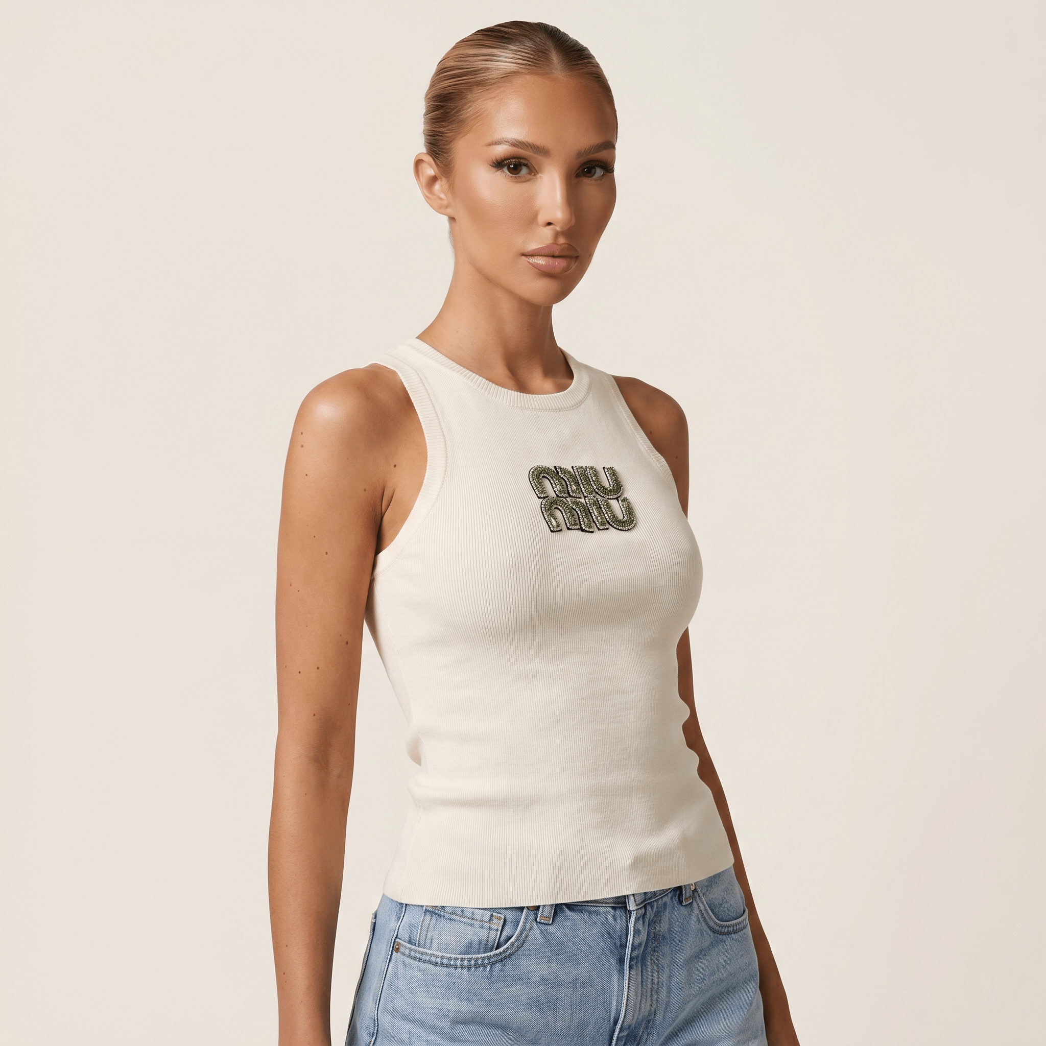 🤍 Miu Miu Ivory Ribbed Logo Tank Top ✨ - MASTERPIECE