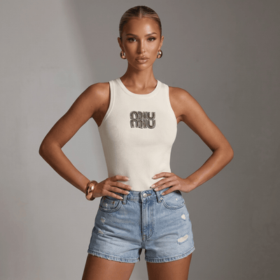 🤍 Miu Miu Ivory Ribbed Logo Tank Top ✨ - MASTERPIECE