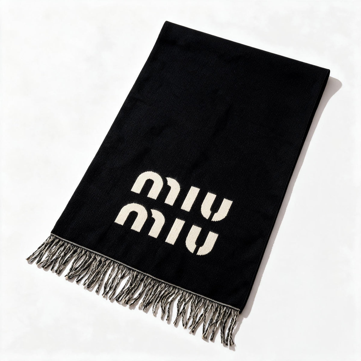 Miu Miu Logo Fringe Scarf — Black - MASTERPIECE