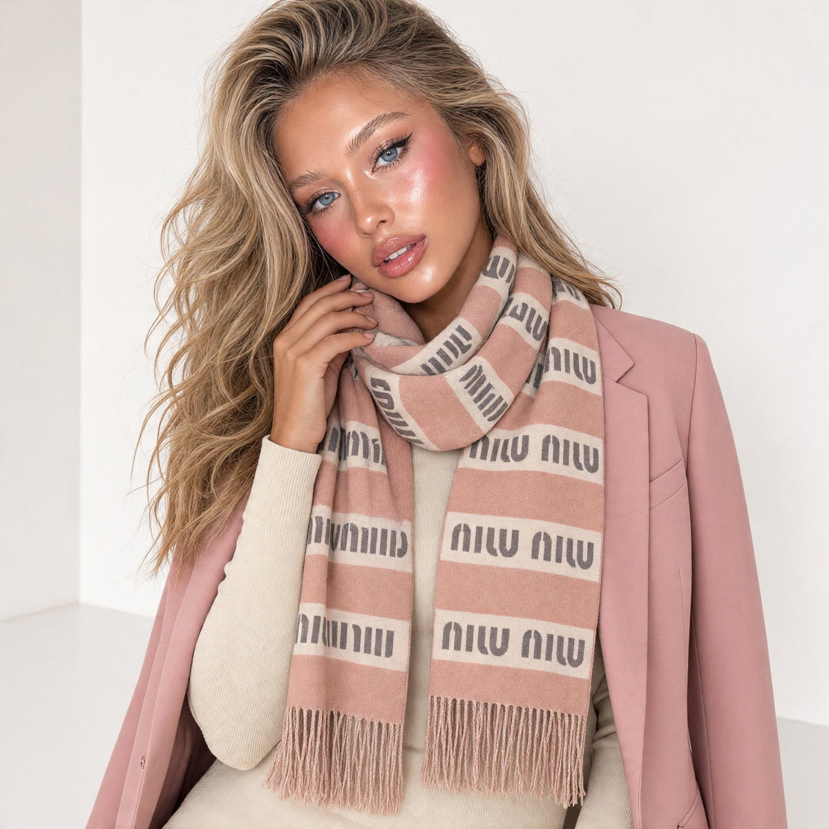 Miu Miu Logo Scarf – Dusty Pink Striped Fringe - MASTERPIECE