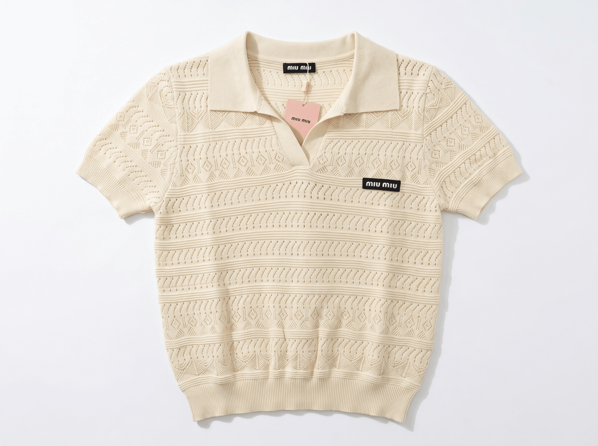 ✨ Miu Miu Pointelle Knit Polo Top – Ivory (one size) - MASTERPIECE