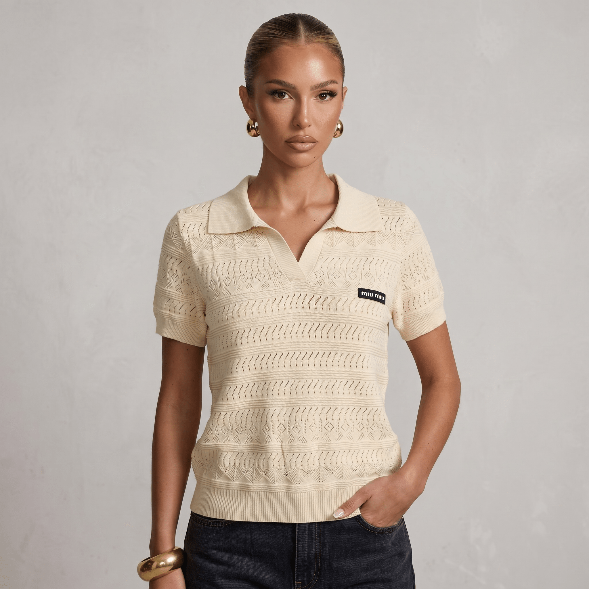 ✨ Miu Miu Pointelle Knit Polo Top – Ivory (one size) - MASTERPIECE