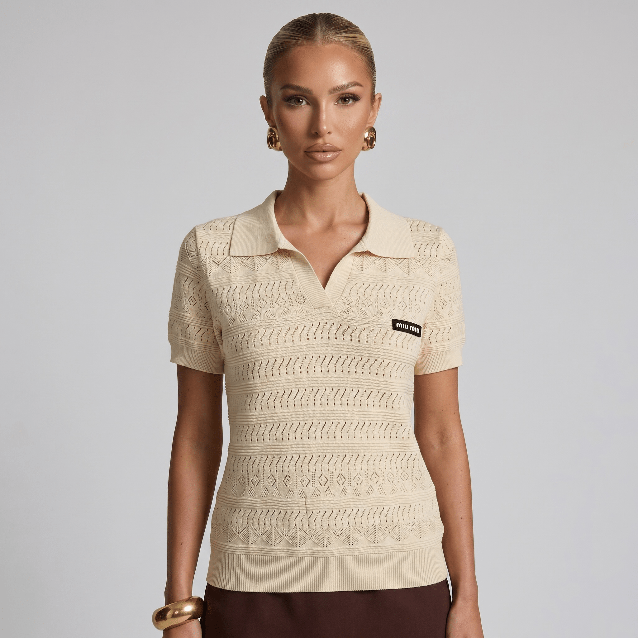 ✨ Miu Miu Pointelle Knit Polo Top – Ivory (one size) - MASTERPIECE