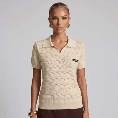 ✨ Miu Miu Pointelle Knit Polo Top – Ivory (one size) - MASTERPIECE