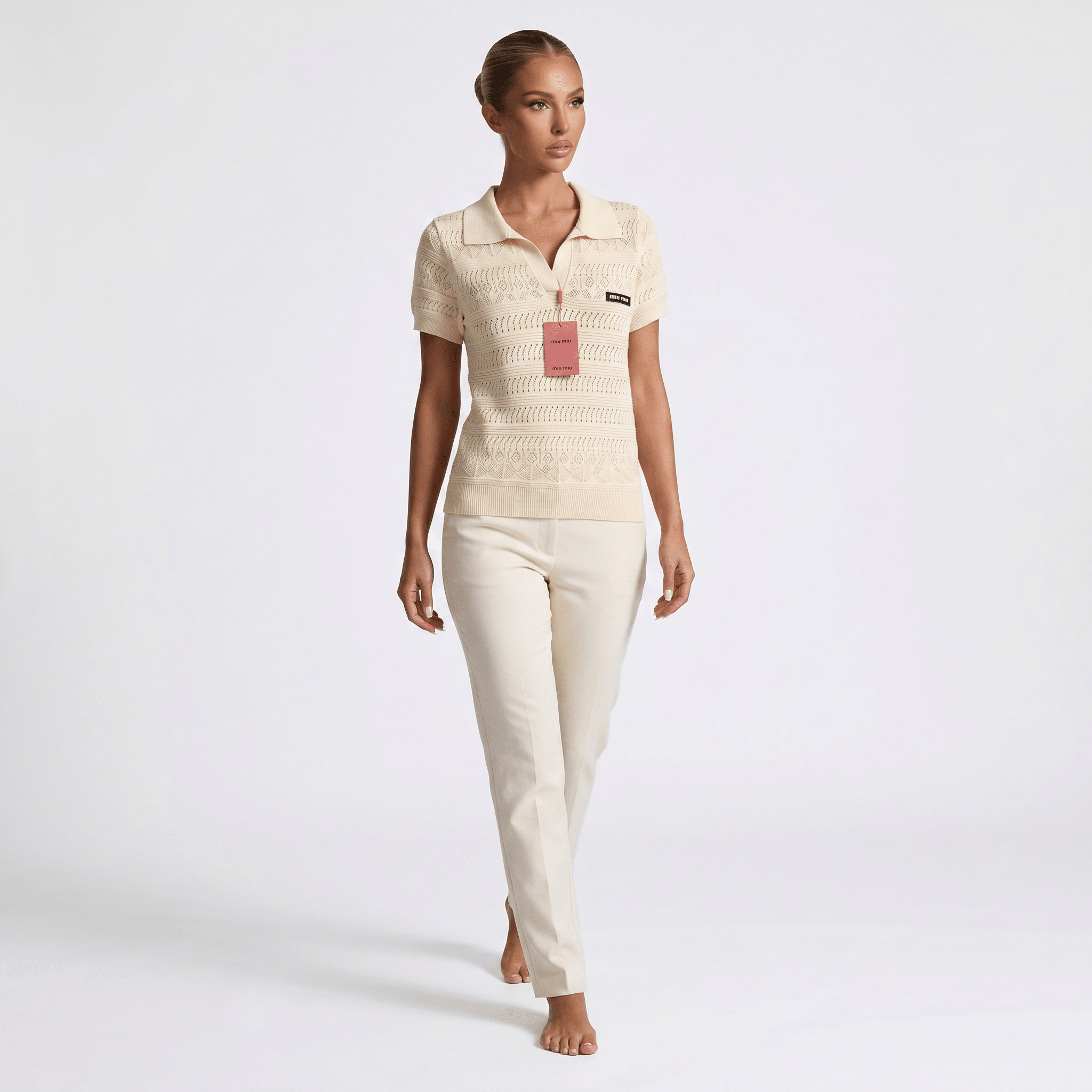 ✨ Miu Miu Pointelle Knit Polo Top – Ivory (one size) - MASTERPIECE