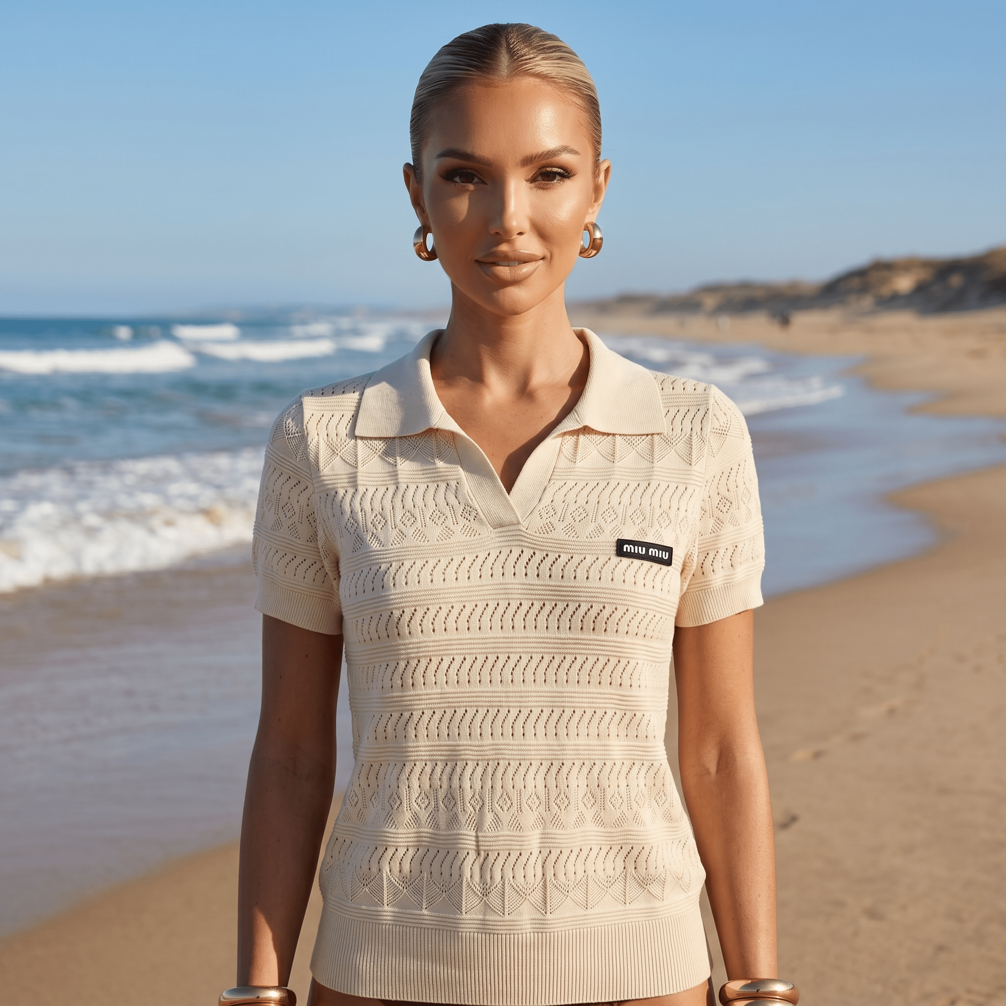 ✨ Miu Miu Pointelle Knit Polo Top – Ivory (one size) - MASTERPIECE