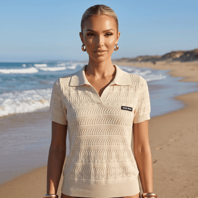 ✨ Miu Miu Pointelle Knit Polo Top – Ivory (one size) - MASTERPIECE