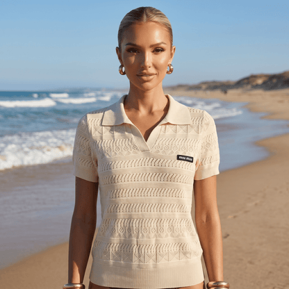 ✨ Miu Miu Pointelle Knit Polo Top – Ivory (one size) - MASTERPIECE
