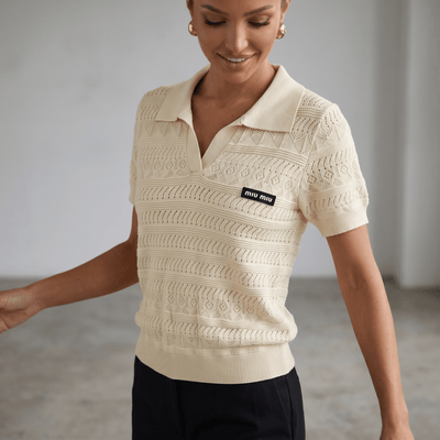 ✨ Miu Miu Pointelle Knit Polo Top – Ivory (one size) - MASTERPIECE