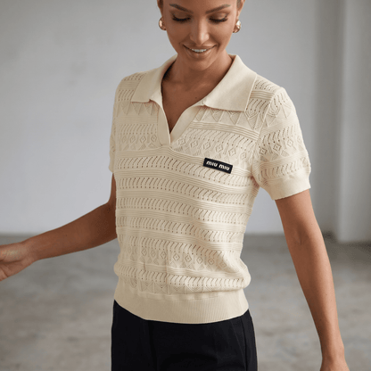 ✨ Miu Miu Pointelle Knit Polo Top – Ivory (one size) - MASTERPIECE