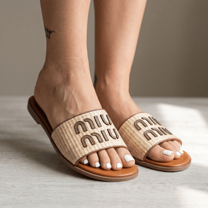 ✨ Miu Miu Raffia Logo Slides – Luxury Summer Flat Sandals - MASTERPIECE