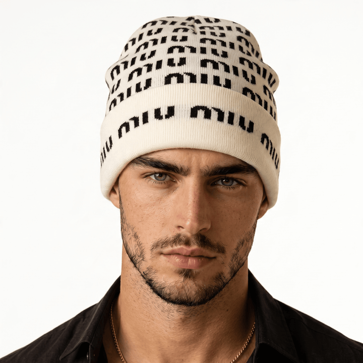 Miu Miu Repeated Logo Knit Beanie