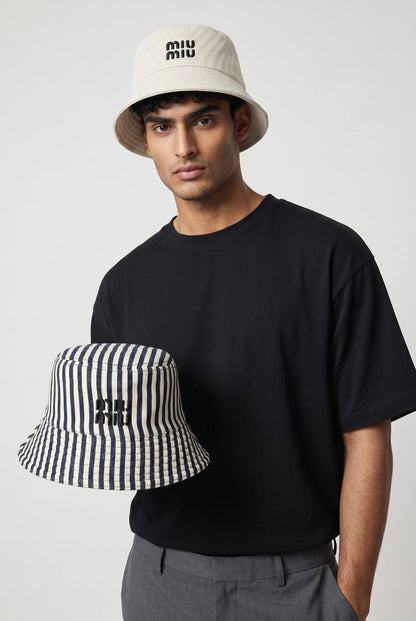 🧢 Miu Miu Reversible Bucket Hat | Double - Face Beige & Striped Luxury Style 🔄✨ - MASTERPIECE