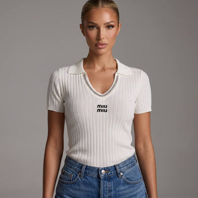 🤍 Miu Miu Ribbed Crystal-Trim Polo Top ✨ - MASTERPIECE