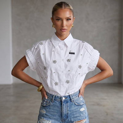 Miu Miu White Crystal Flower Embellished Shirt 🤍✨ - MASTERPIECE