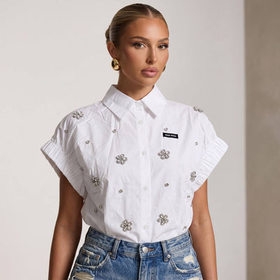 Miu Miu White Crystal Flower Embellished Shirt 🤍✨ - MASTERPIECE