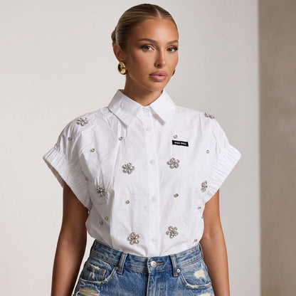 Miu Miu White Crystal Flower Embellished Shirt 🤍✨ - MASTERPIECE