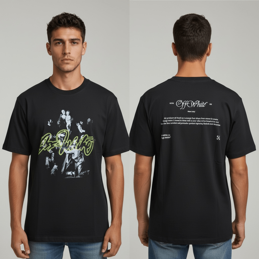 Off-White T-Shirt – Black Neon Script Graphic Tee ✨ - MASTERPIECE