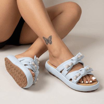 Pearl Bow Comfort Slides – Baby Blue 🩵✨ - MASTERPIECE