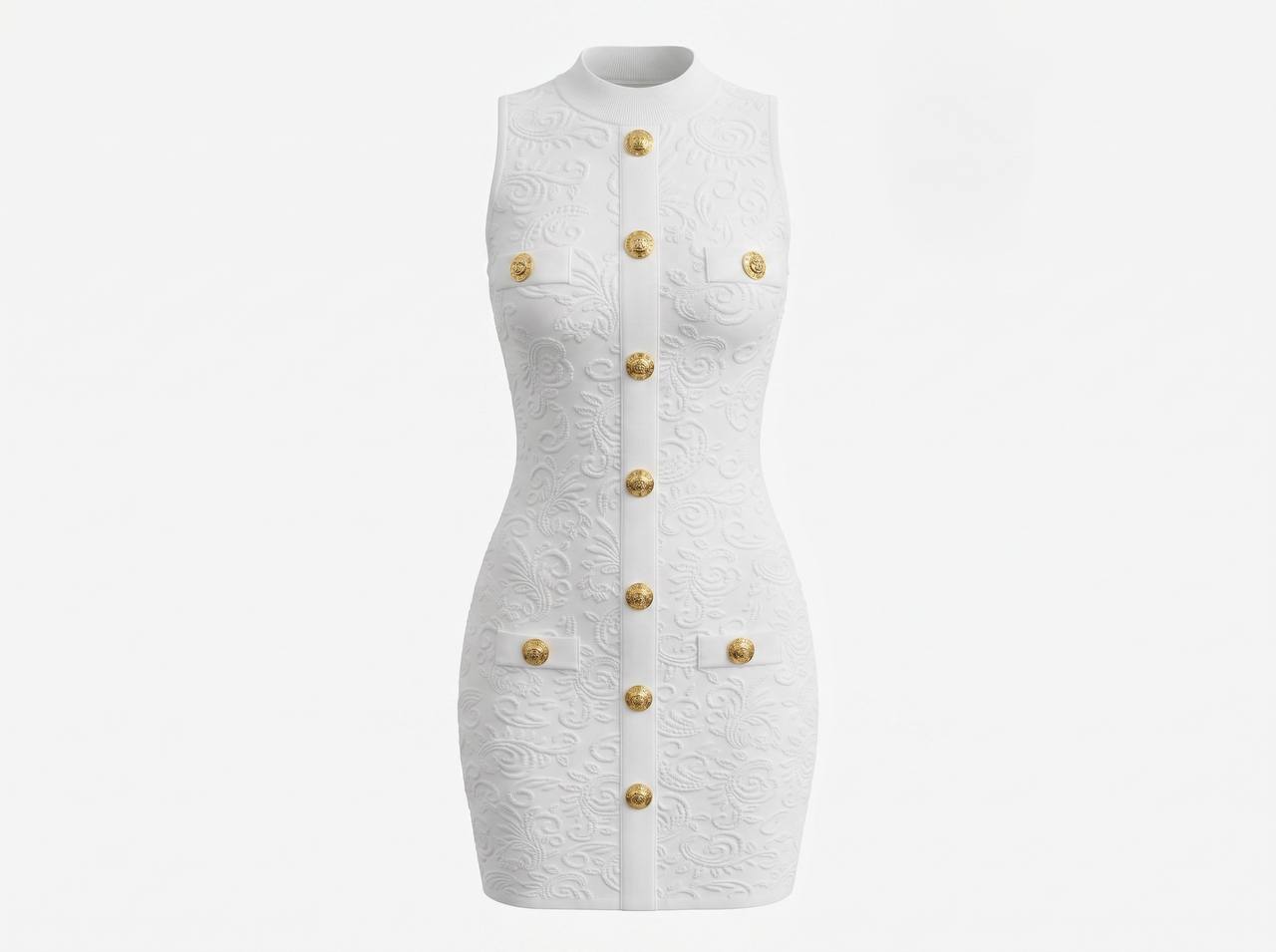 Balmain-Style White Embossed Button Mini Dress 🤍✨