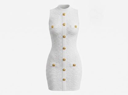 Balmain-Style White Embossed Button Mini Dress 🤍✨