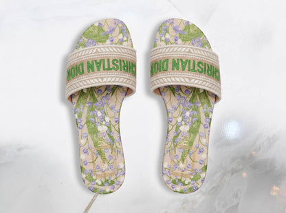 Christian Dior Dway Floral Embroidered Slides – Green & Lilac 🌿💜