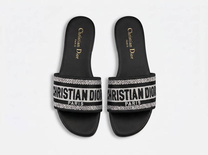Christian Dior Dway Crystal Logo Slides – Black & Silver ✨